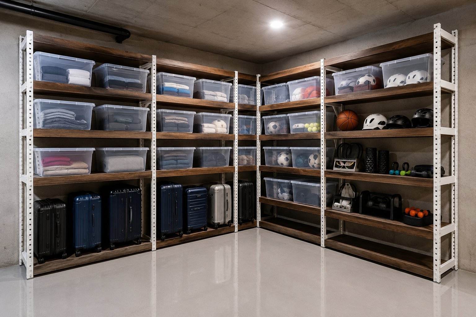 Repisas instaladas con maletas, cajas transparentes y equipo deportivo ordenado
