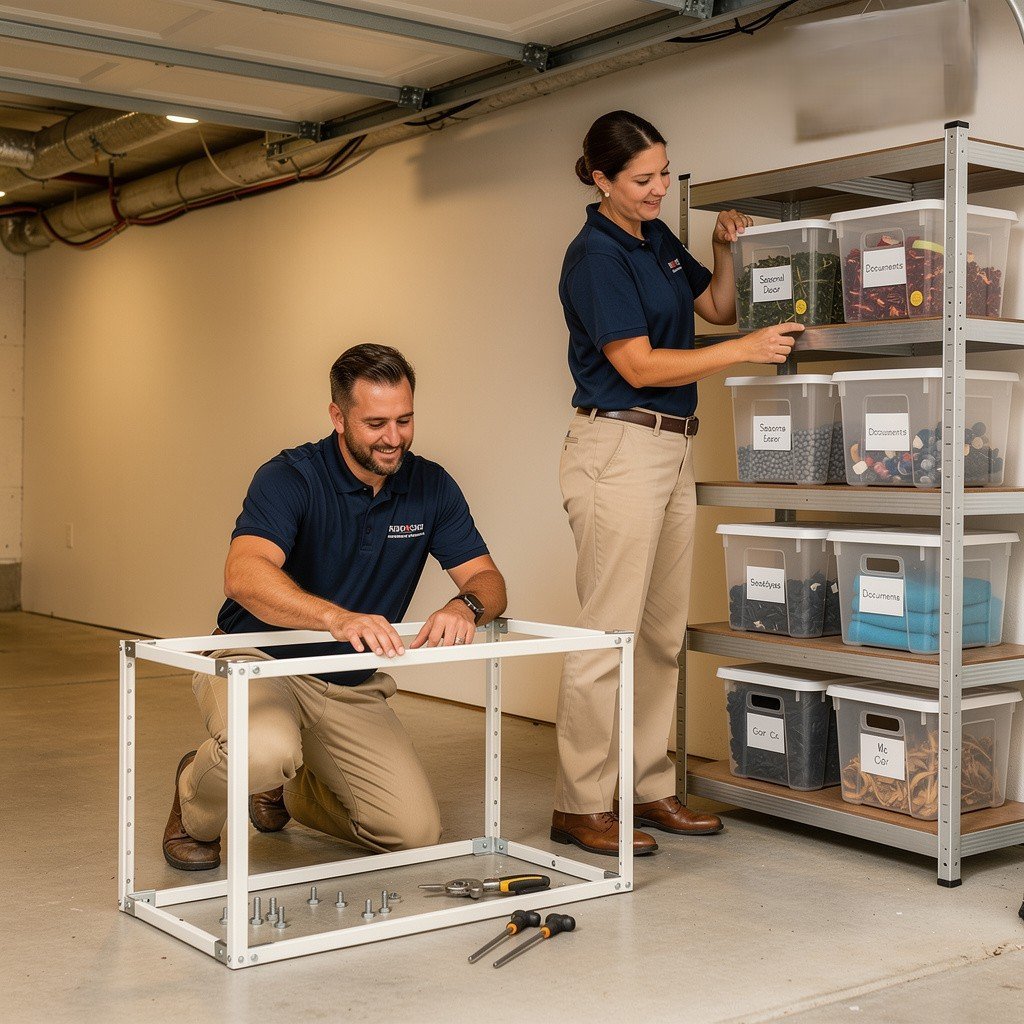 El equipo de FullOrganiza armando una repisa modular y rotulando cajas